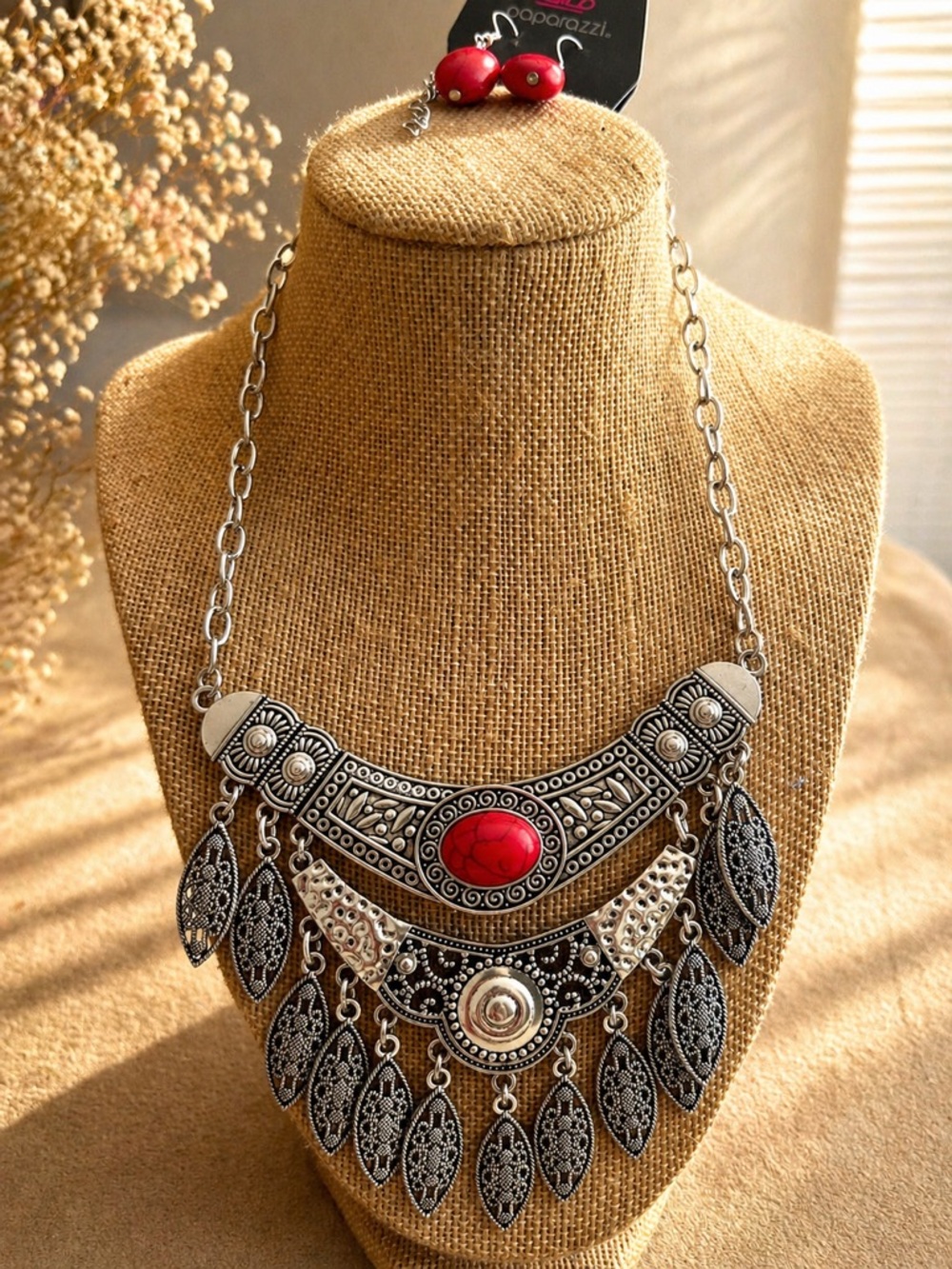 paparazzi Silver-Tone Boho Necklace with Red Cabochon